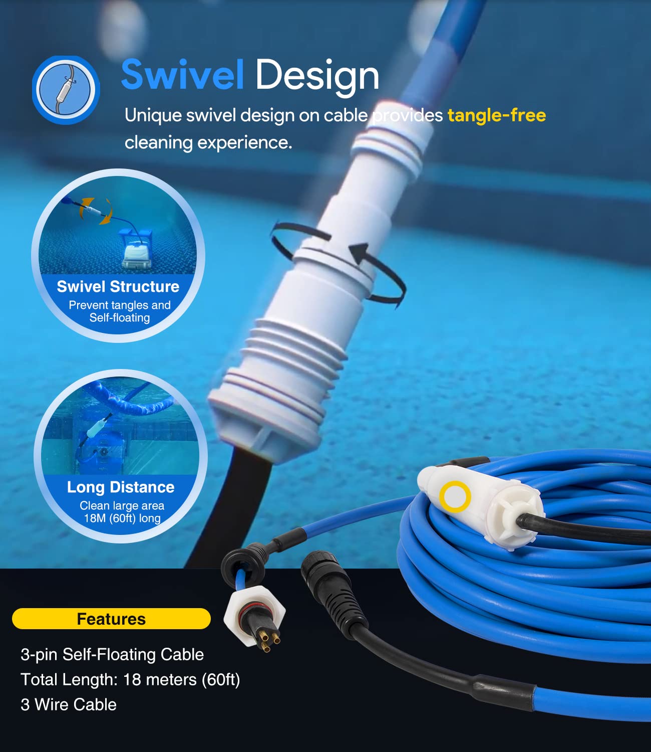 9995873 DIY Swivel Cable 3 Wire, 18M, Replaces for Dolphin Pool